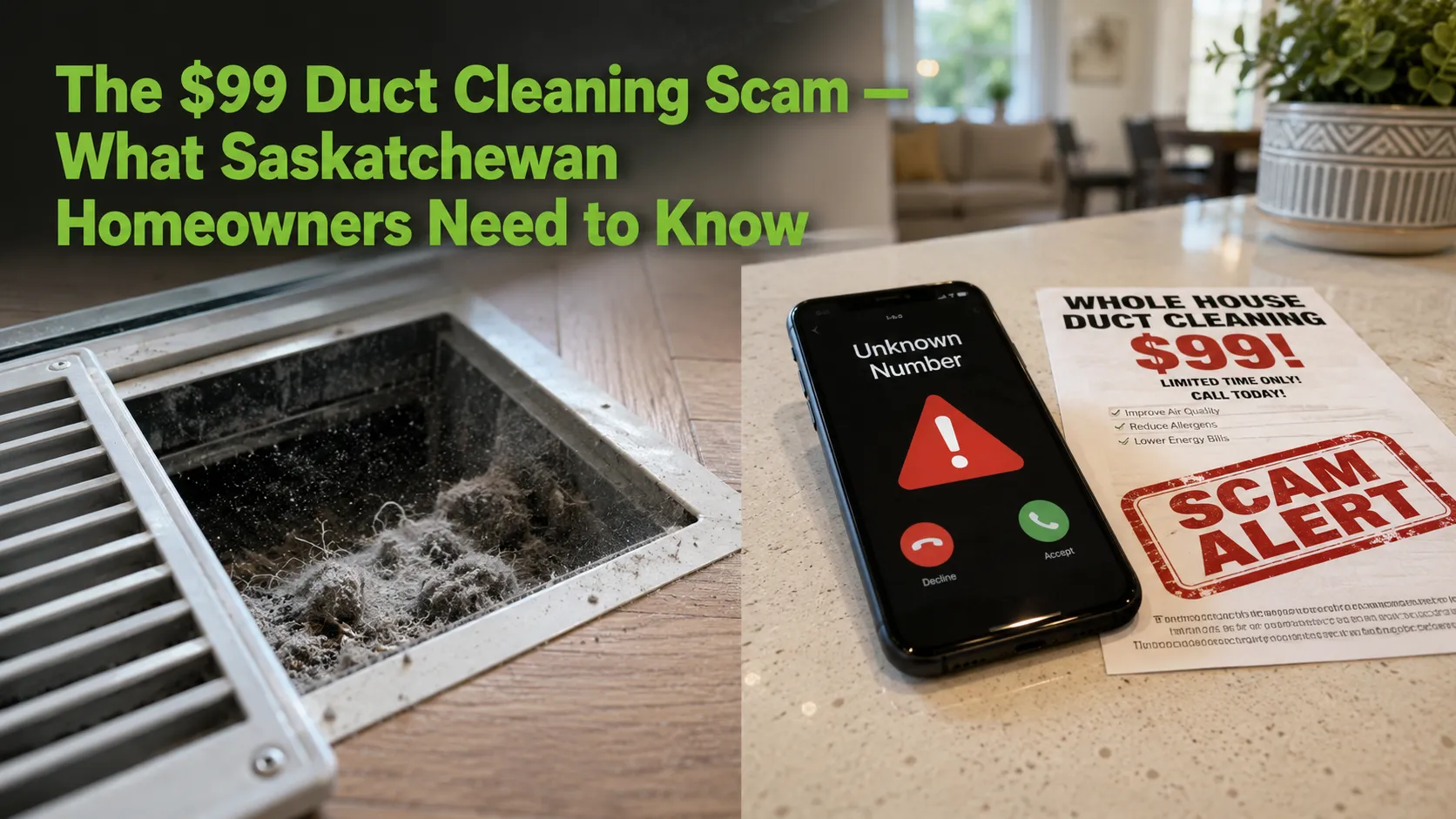 Dusty floor air duct register beside a phone showing an unknown number call and a "$99 whole house duct cleaning" flyer stamped with Scam Alert