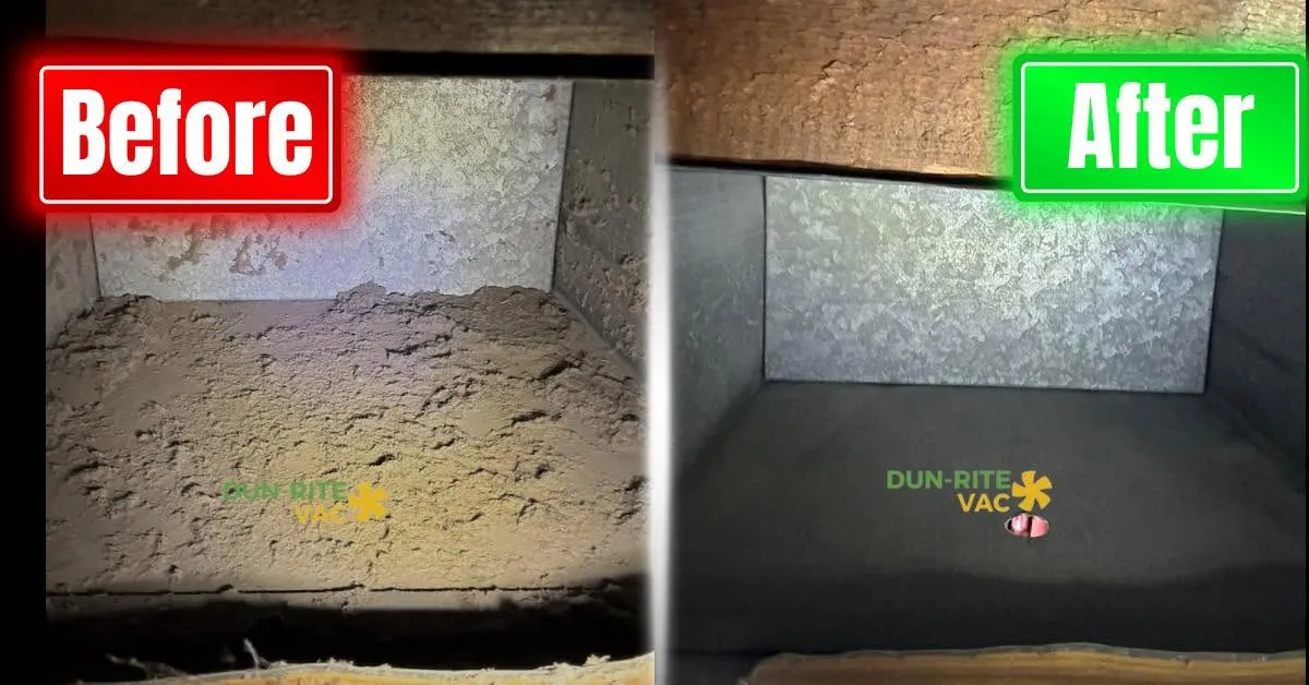 Before and after professional air duct cleaning showing heavy dust removed from a residential HVAC main trunk line.