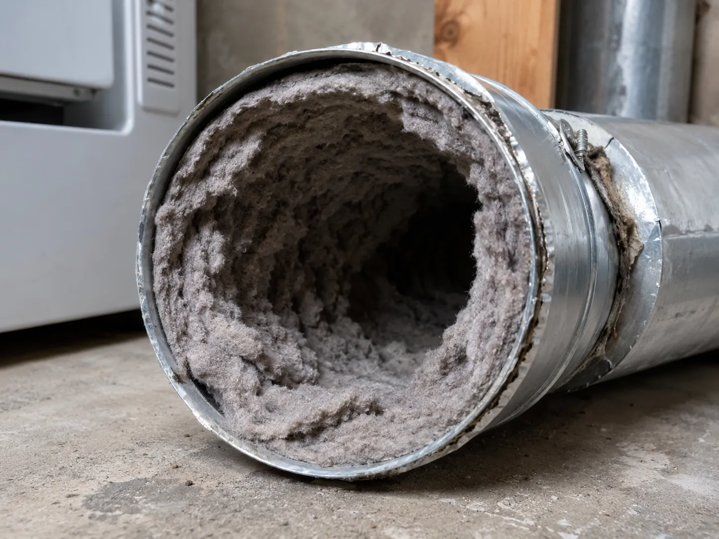Residential dryer vent pipe clogged with thick lint buildup inside the exhaust duct.