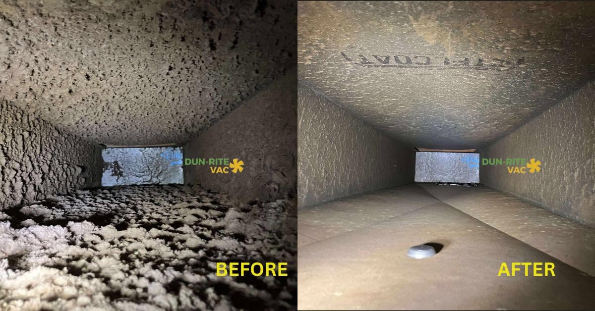Split image comparing a dust-coated duct interior on the left to the same duct cleaned on the right