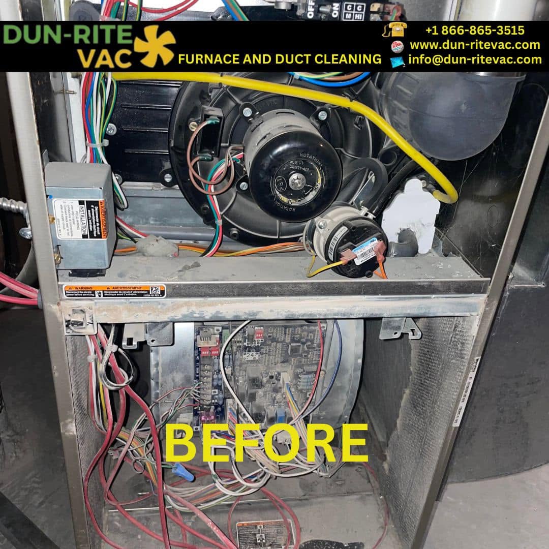 Interior of a furnace cabinet with dusty blower motor, wiring, and control board before cleaning