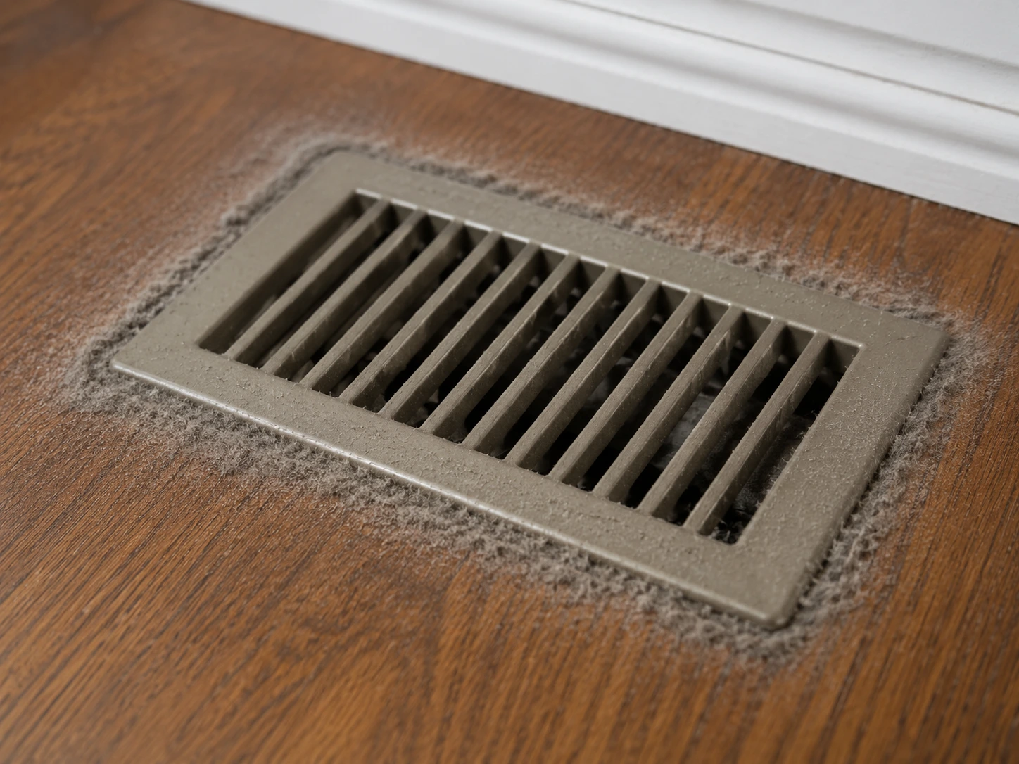 Close-up of dust buildup around a residential air vent cover.