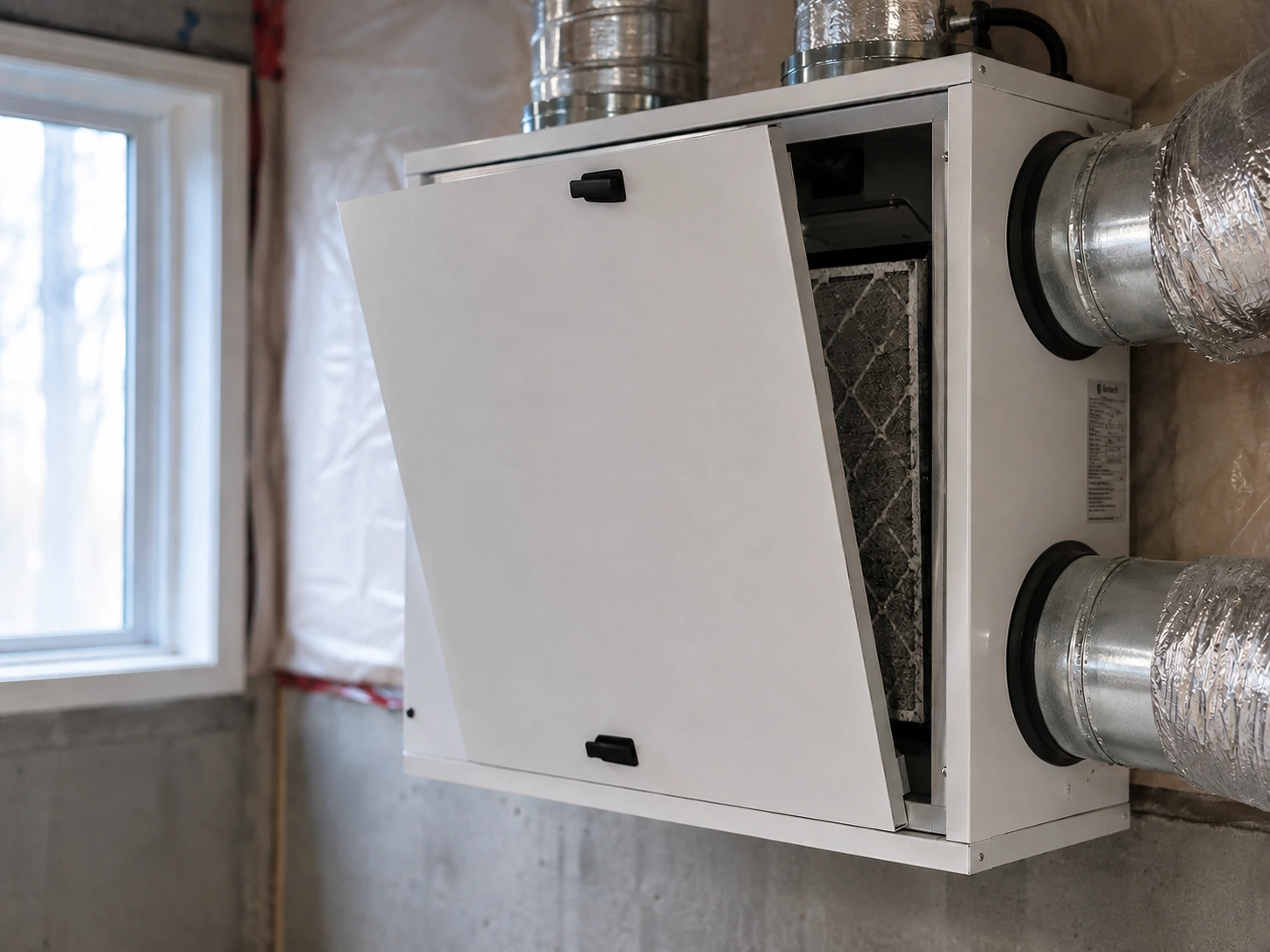 Residential HRV unit mounted on a basement wall with access panel open showing a dirty filter inside