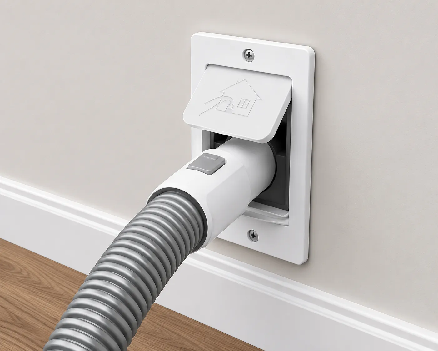 Close-up of a central vacuum hose connected to a residential wall inlet valve showing the proper hose connection.