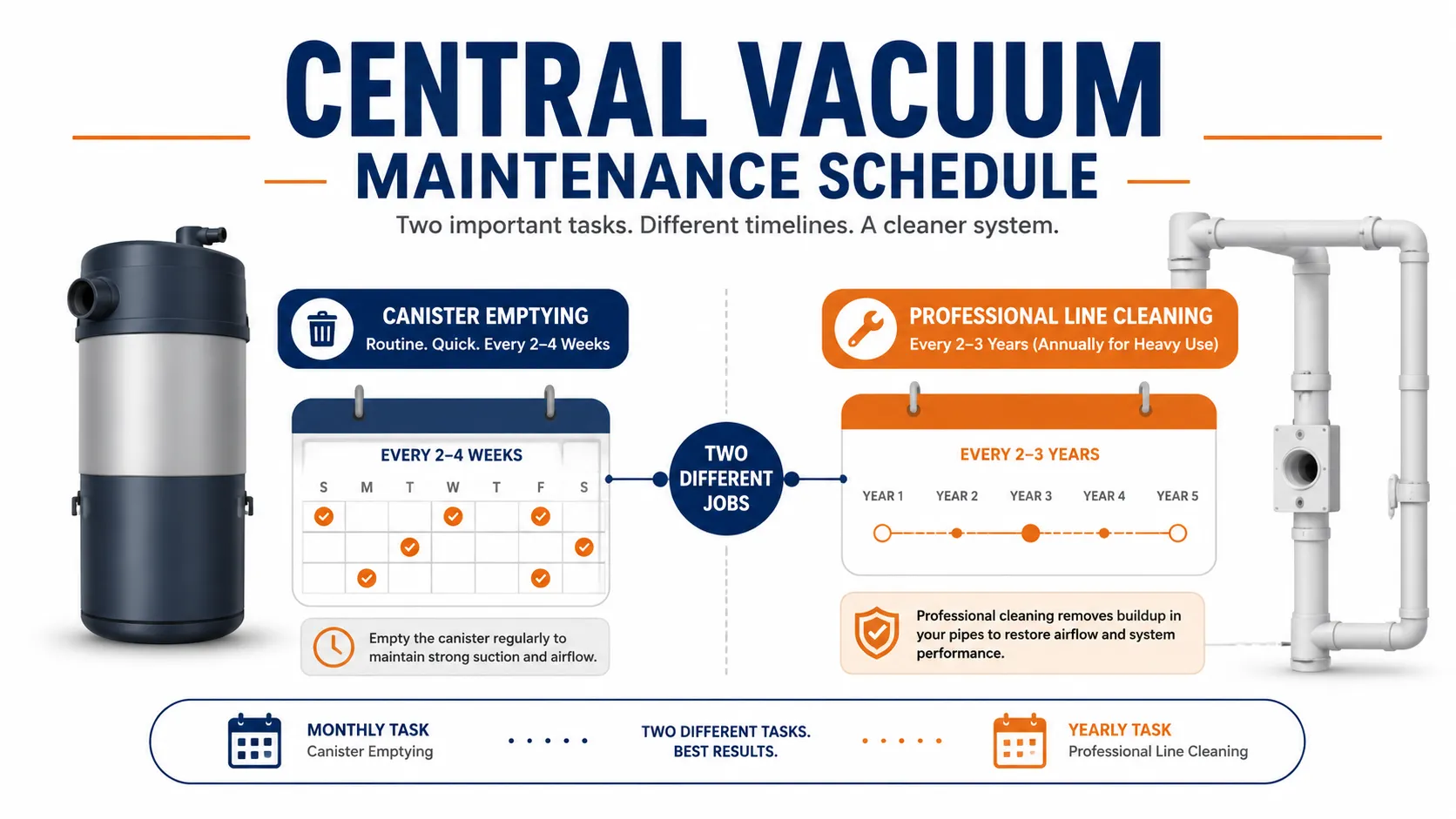 Central vacuum maintenance schedule infographic showing monthly canister emptying every 2–4 weeks versus professional line cleaning every 2–3 years.