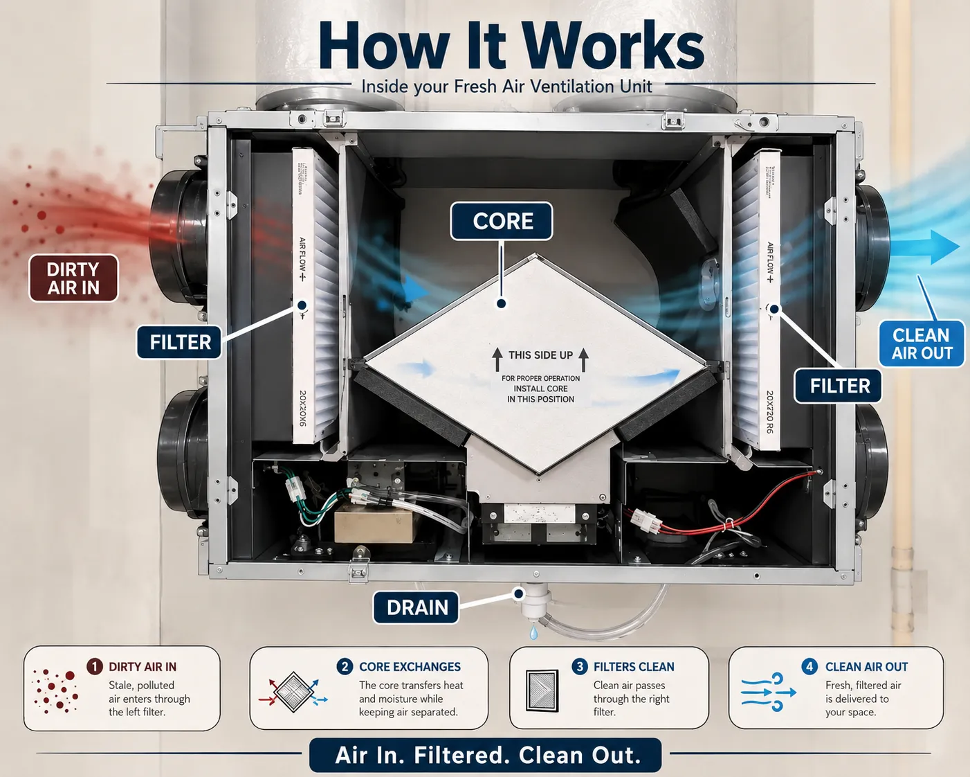 Open HRV showing the filters, heat recovery core, and condensate drain—the four main areas to inspect when an air exchanger smells musty.