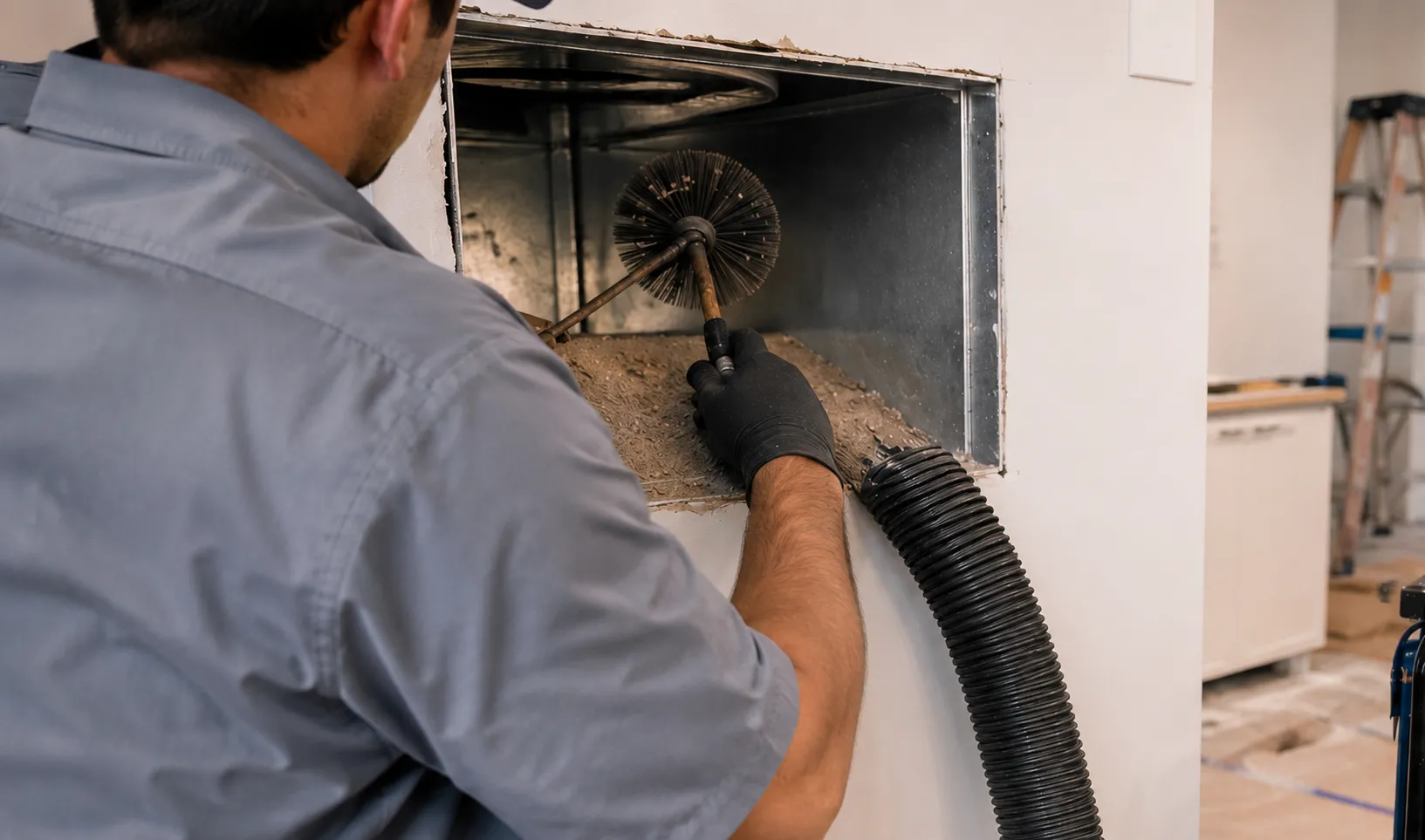 How often to clean commercial air ducts — technician removing dust and debris buildup during commercial duct cleaning service