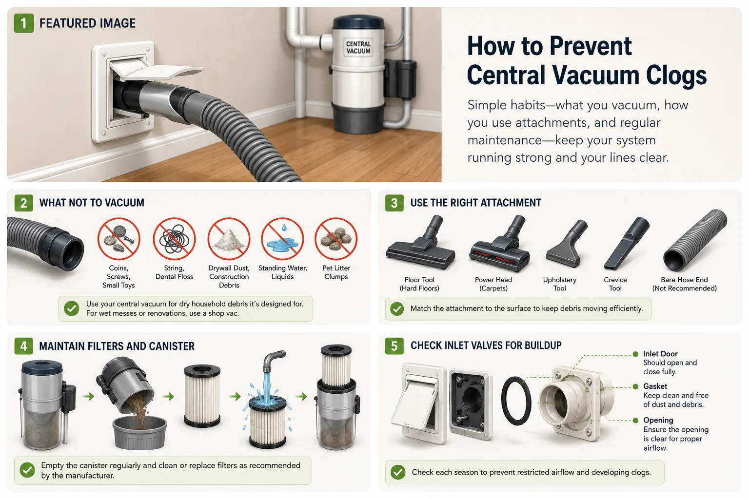 Illustrated guide showing how to prevent central vacuum clogs through proper debris selection, attachments, filter maintenance, and inlet valve inspections.