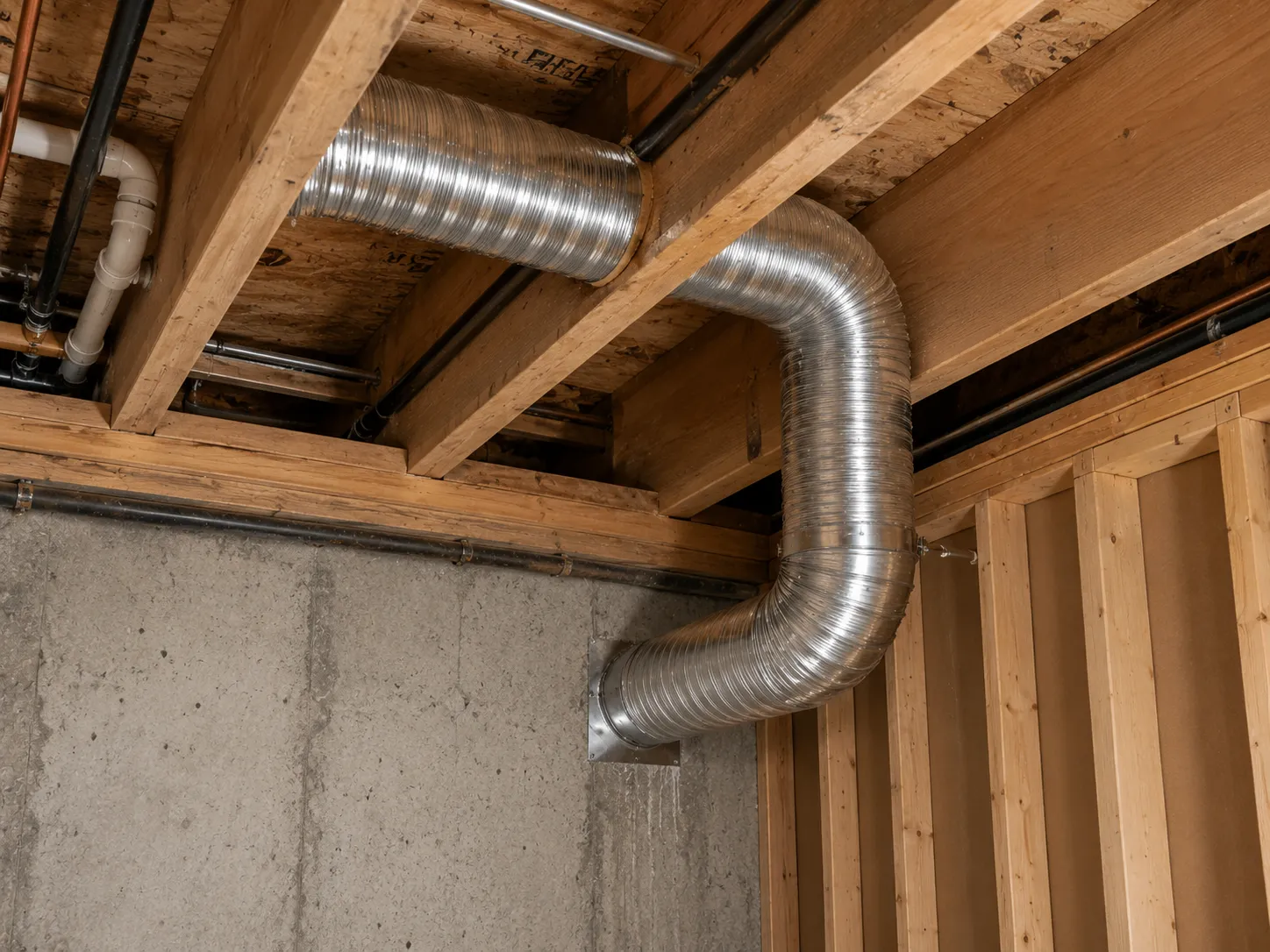Rigid metal dryer vent duct installed through exposed basement ceiling joists, demonstrating a properly routed residential dryer exhaust system.