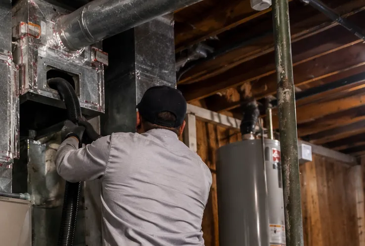 Technician performing NADCA certified duct cleaning on residential furnace ductwork and main supply trunk using vacuum equipment.