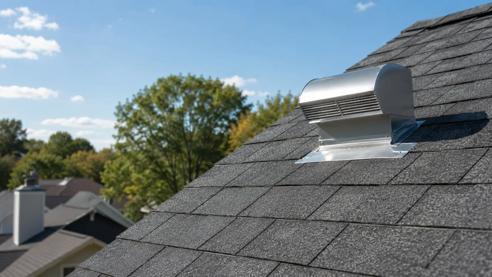 Metal roof dryer vent cleaning cap on a shingled residential roof