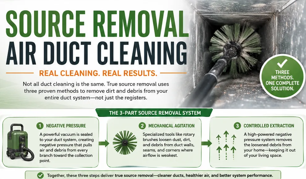 Source removal air duct cleaning infographic showing the three-step process of negative pressure, mechanical agitation, and controlled extraction used in professional duct cleaning