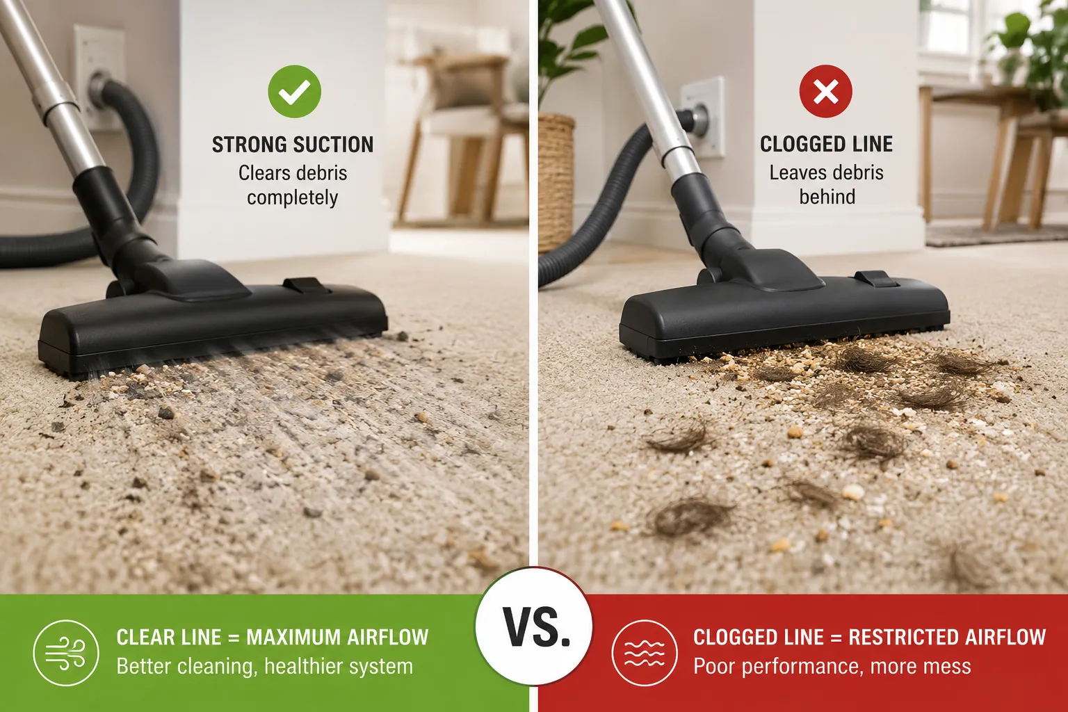 Comparison showing a central vacuum with strong suction versus one with a clogged line leaving debris behind.