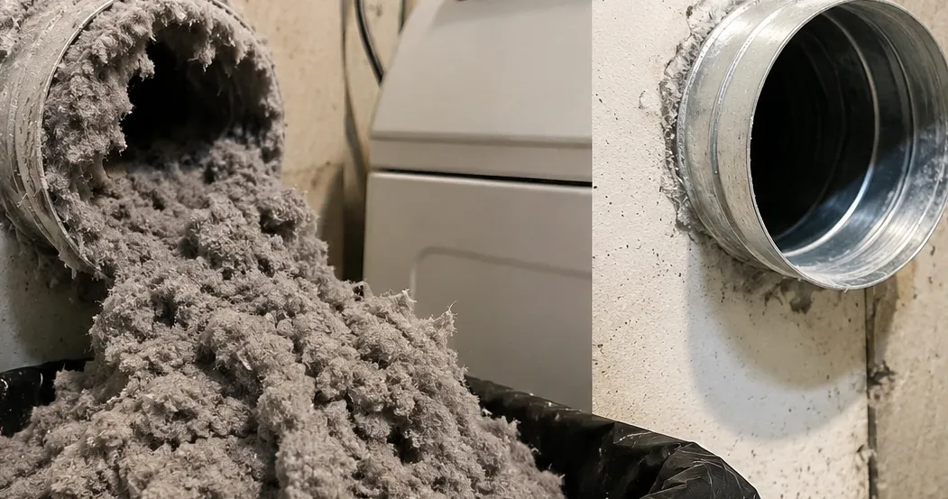 Side-by-side comparison showing a dryer vent heavily clogged with thick gray lint spilling into a trash bag on the left, and a completely clear, clean metal vent pipe on the right.