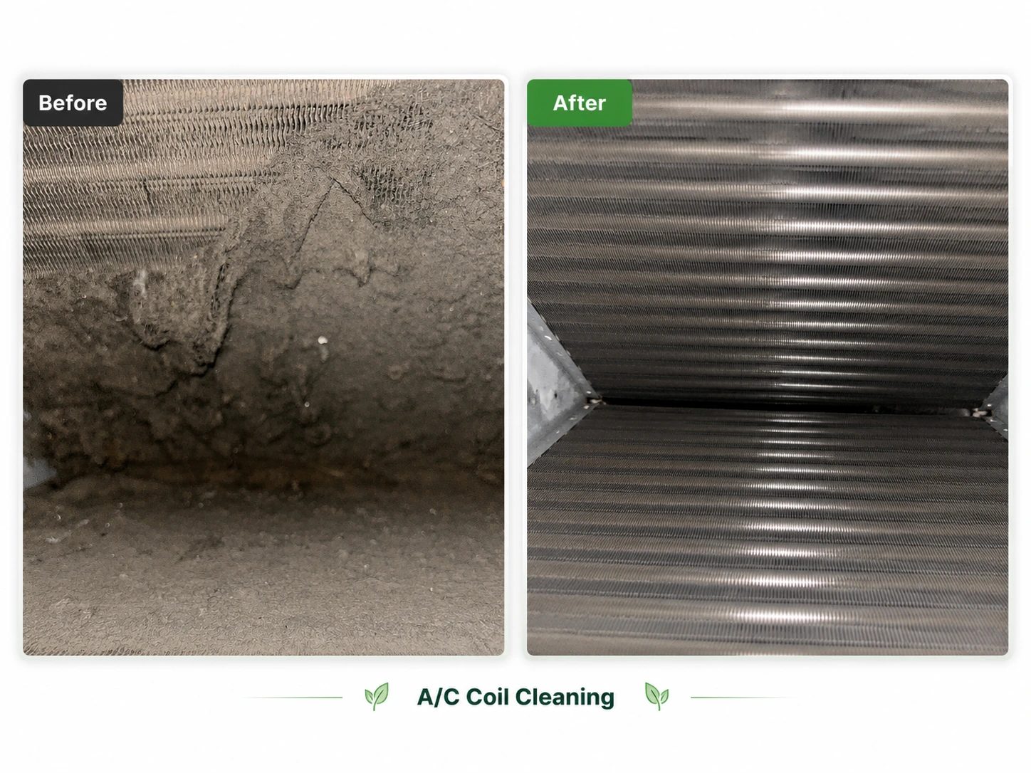 Before-and-after comparison of a dirty A/C coil and the coil after cleaning