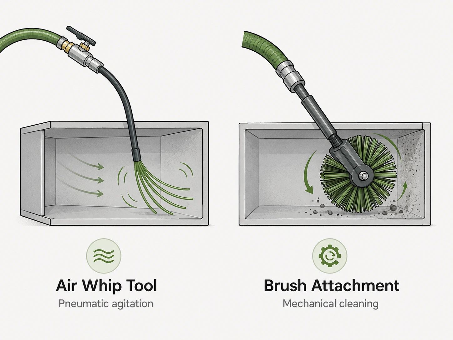 Air whip and rotary brush attachments shown cleaning the inside of separate air ducts