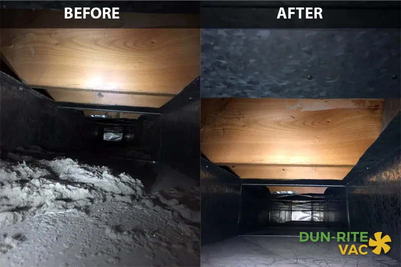Before and after commercial air duct cleaning showing heavy dust buildup removed from HVAC ductwork