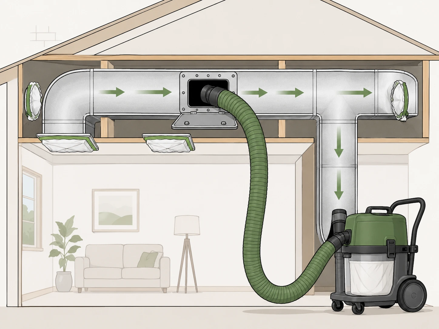 Vacuum hose connected to a controlled duct access opening with nearby registers sealed for containment