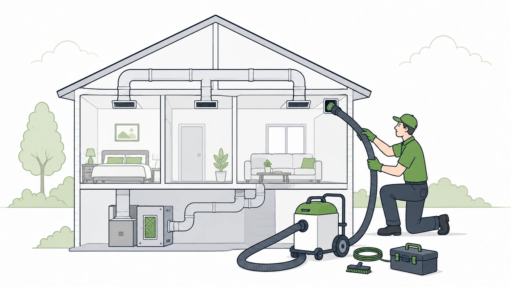 Technician using professional air duct cleaning equipment on a residential HVAC system
