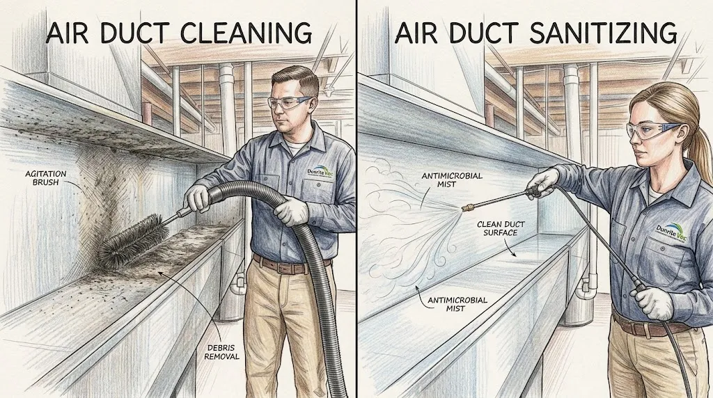 Illustration comparing air duct cleaning with agitation and debris removal to air duct sanitizing with antimicrobial treatment