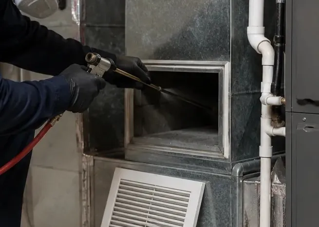 HVAC technician wearing protective equipment and treating the interior of a residential furnace duct system